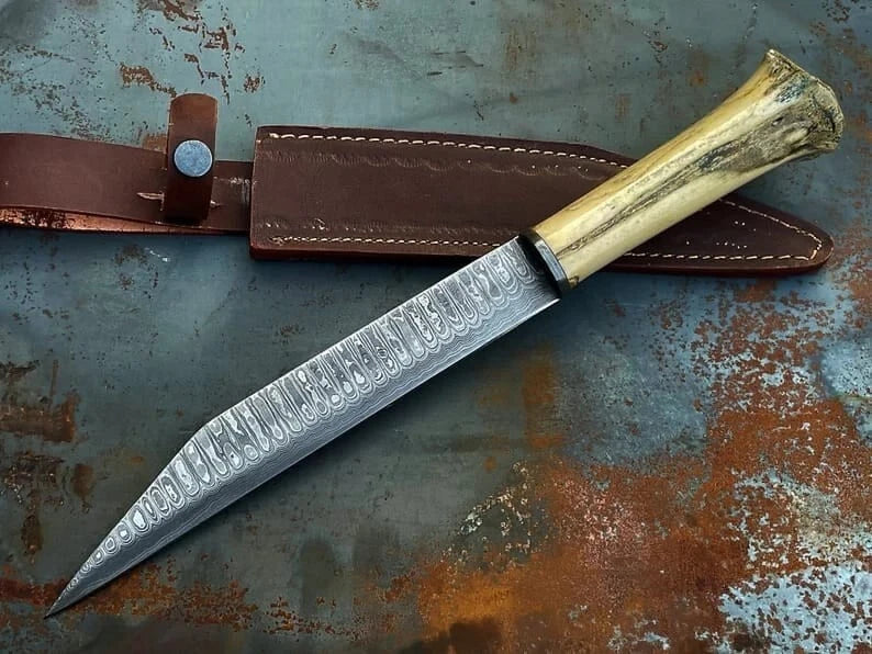 Damascus Steel Seax Hunting Knife | Cow Bone Handle | NB Knives