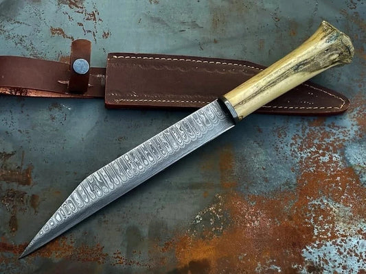 Custom Handmade Damascus Steel Seax Knife with Cow Bone Handle & Leather Sheath