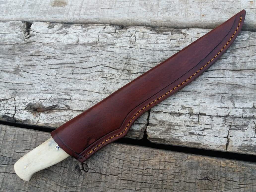Custom Handmade Damascus Steel Fillet Knife Handle Cow Bone With Beautiful Leather Sheath