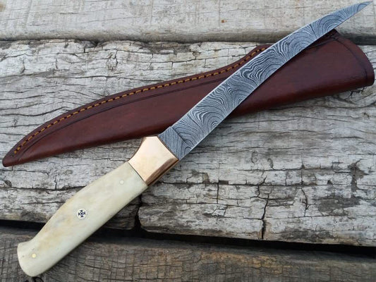 Damascus Steel Fillet Knife with Cow Bone Handle & Brass Bolster