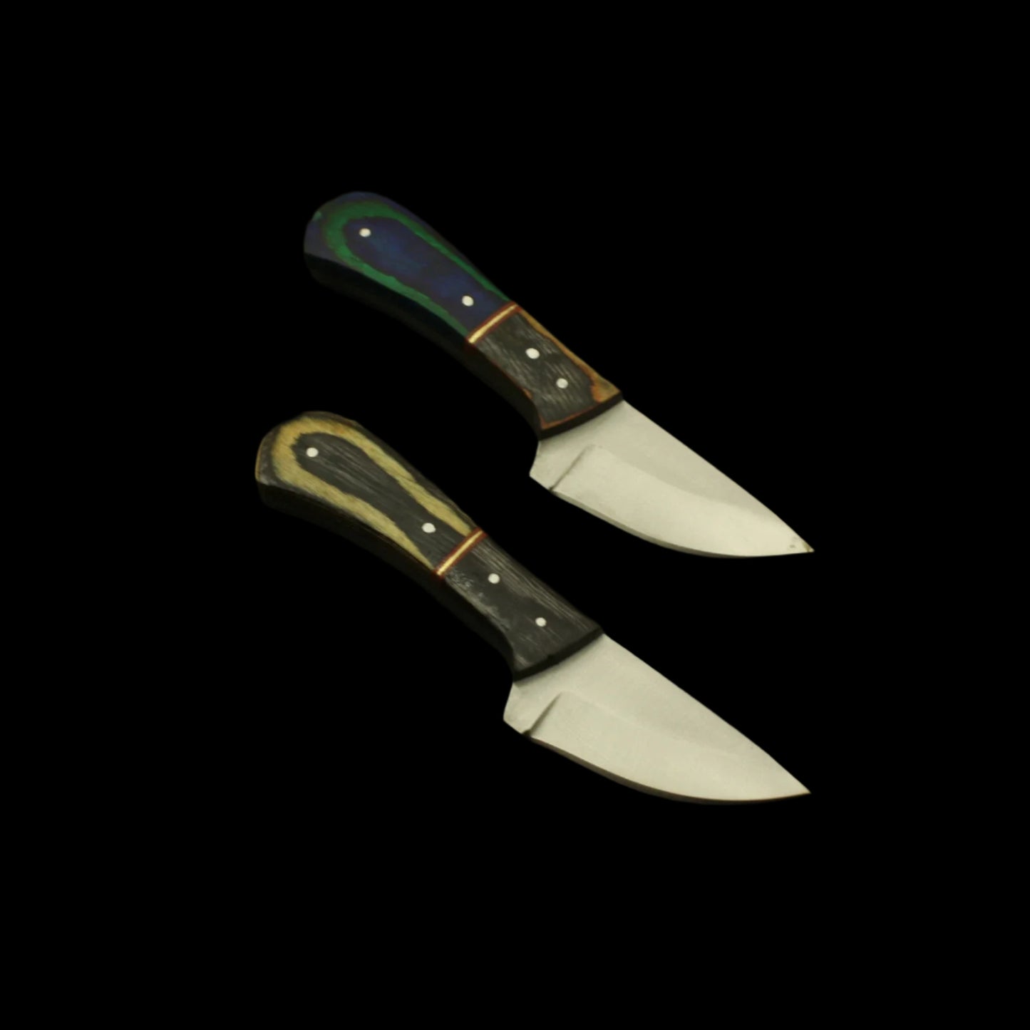 Two knives with wooden handles on a dark textured surface