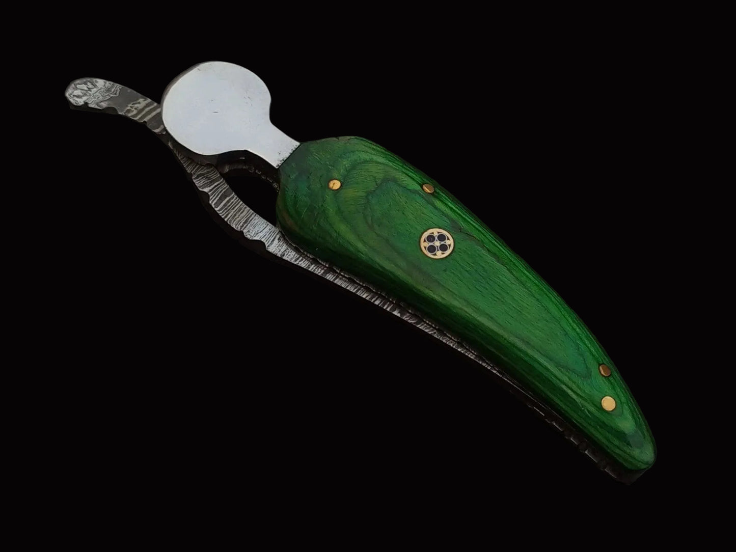 Folding knife with green handle and silver blade on a dark background