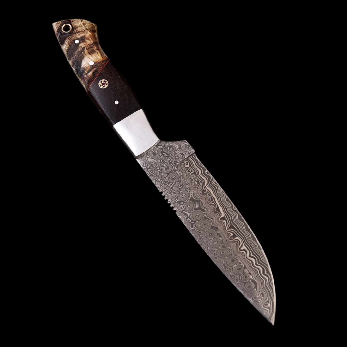Damascus Steel Skinner Knife with Rose Wood & Ram Horn Handle – Leather Sheath