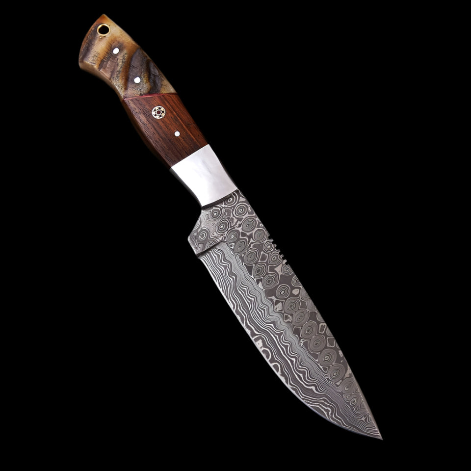 Damascus Steel Skinner Knife with Rose Wood & Ram Horn Handle – Leather Sheath