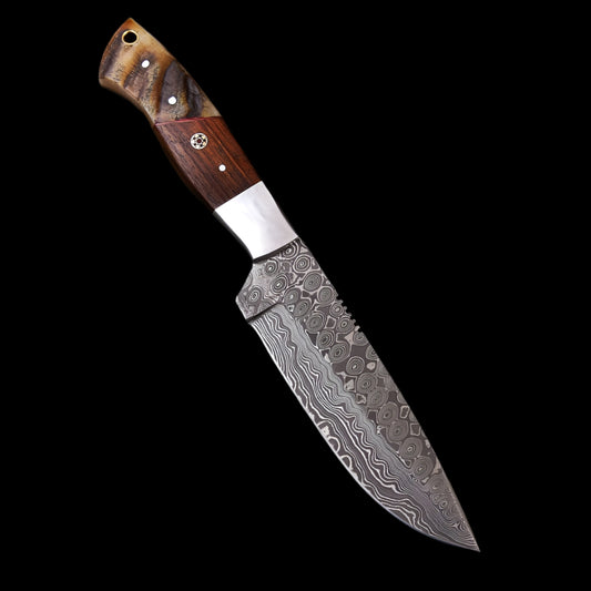 Damascus Steel Skinner Knife with Rose Wood & Ram Horn Handle – Leather Sheath