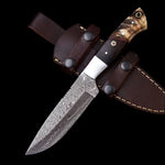 Custom Handmade Damascus Steel Skinner Knife Handle Rose Wood/Ram Horn With Leather Sheath High-Quality Outdoor Knife