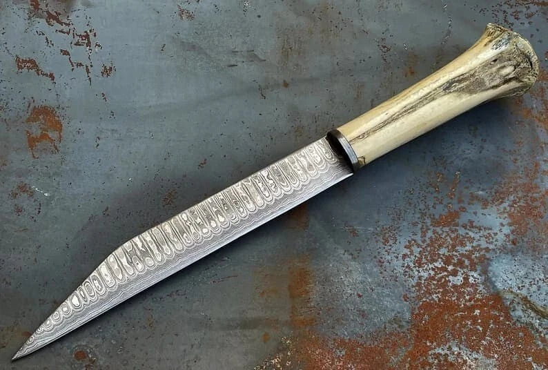 Damascus Steel Seax Hunting Knife | Cow Bone Handle | NB Knives