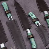 CUSTOM HANDMADE DAMASCUS KITCHEN CHEF SET WITH LEATHER ROLL KIT