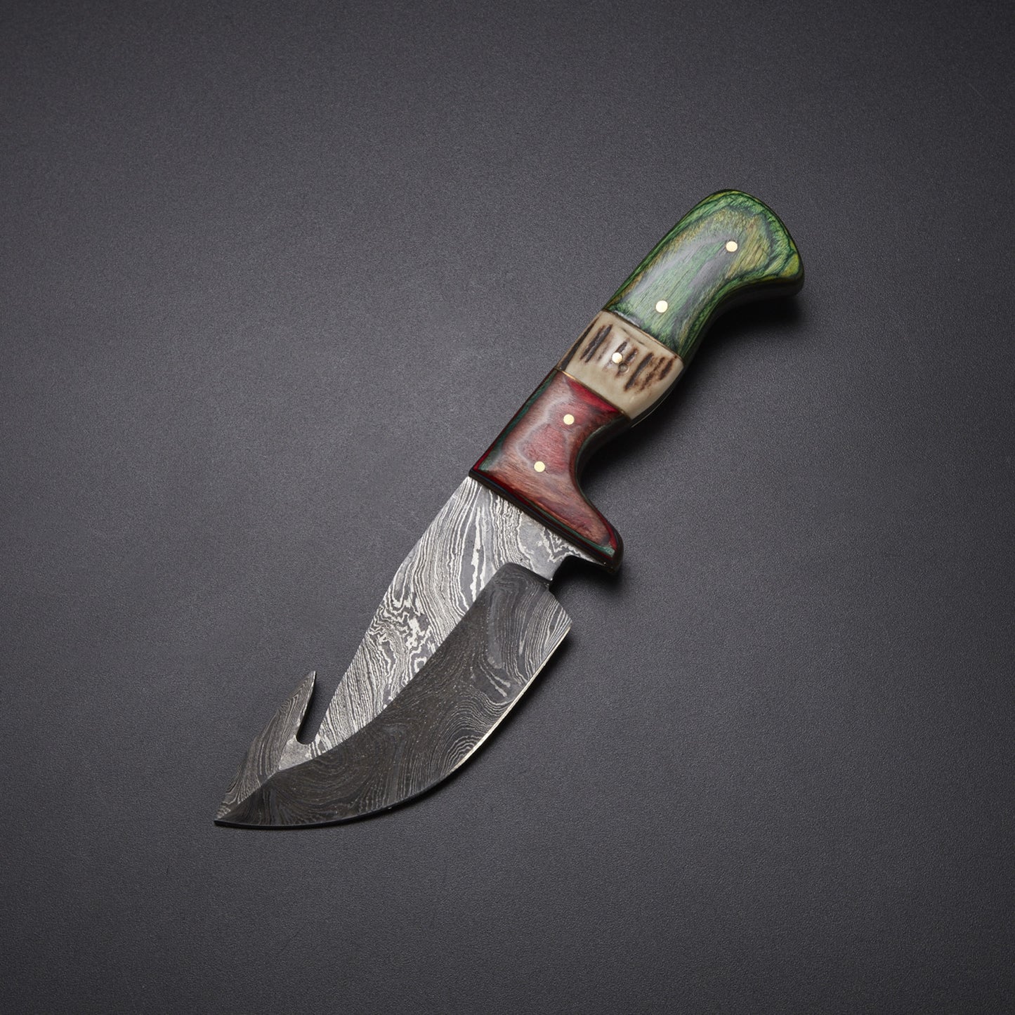CUSTOM HANDMADE DAMASCUS GUTHOOK HUNTING KNIFE Materials Stag Horn, Pakka Wood, Damascus Steel