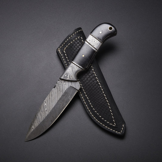 Full Tang Damascus Skinner Knife with Buffalo Horn Handle & Leather Sheath