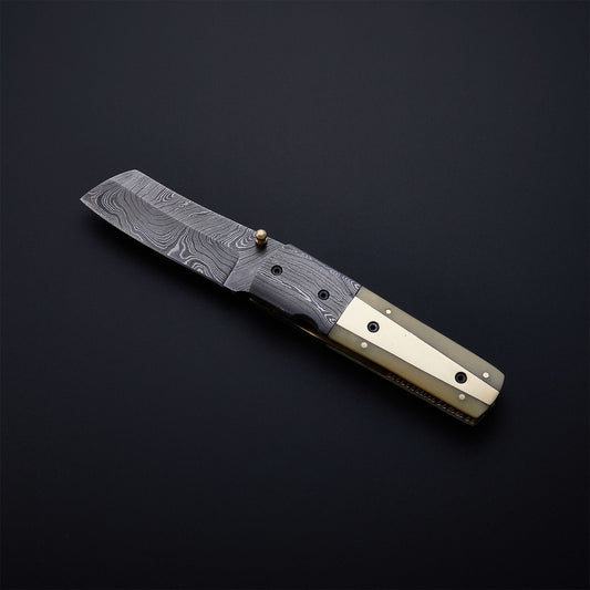 CUSTOM HANDMADE DAMASCUS POCKET KNIFE WITH LEATHER SHEATH