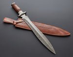 CUSTOM HANDMADE DAMASCUS STEEL HUNTING KNIFE WITH LEATHER SHEATH