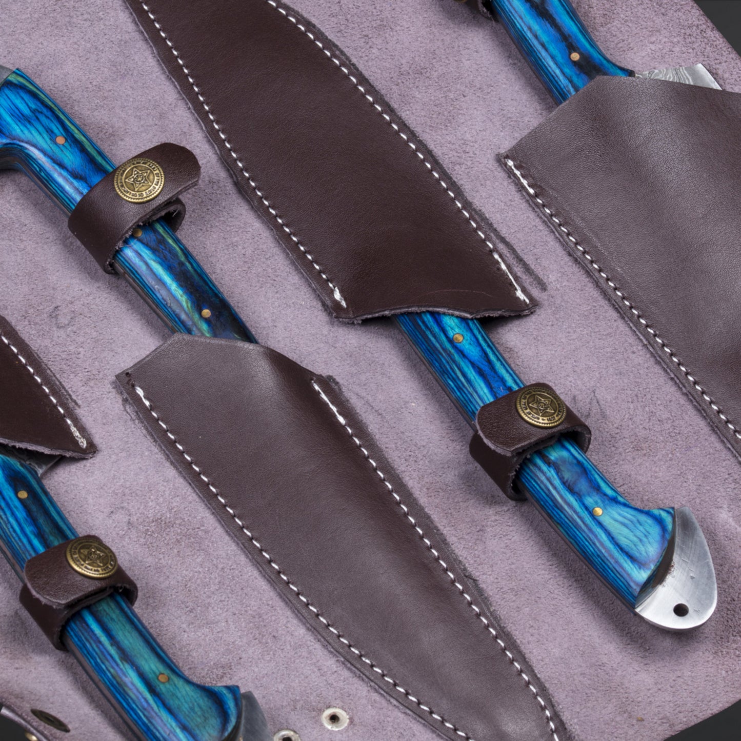 CUSTOM HANDMADE DAMASCUS 4 PCS CHEF SET WITH LEATHER ROLL KIT