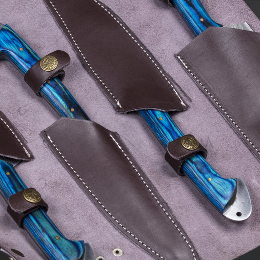 CUSTOM HANDMADE DAMASCUS 4 PCS CHEF SET WITH LEATHER ROLL KIT