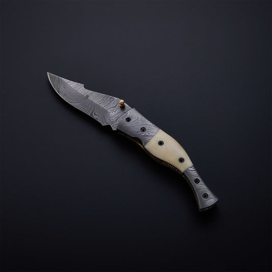 CUSTOM HANDMADE DAMASCUS POCKET KNIFE WITH LEATHER SHEATH