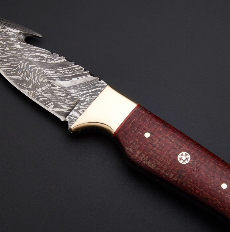 Custom Made Damascus Steel Gut Hook hunting Knife + Pouch