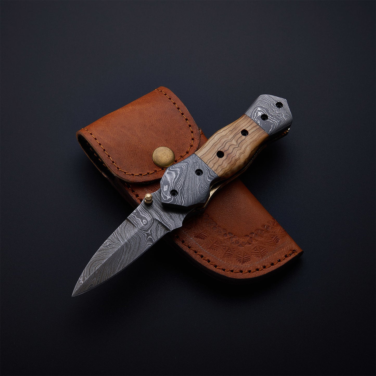 CUSTOM HANDMADE DAMASCUS POCKET KNIFE WITH LEATHER SHEATH