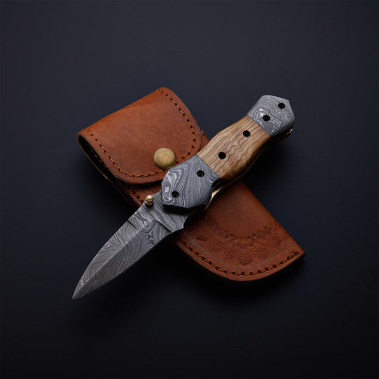 CUSTOM HANDMADE DAMASCUS POCKET KNIFE WITH LEATHER SHEATH