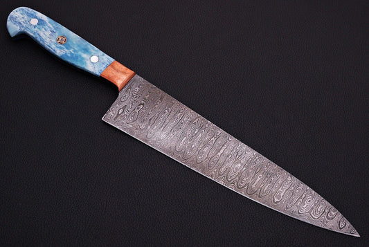 |NB KNIVES| CUSTOM HANDMADE DAMASCUS STEEL CHEF KNIFE WITH LEATHER SHEATH