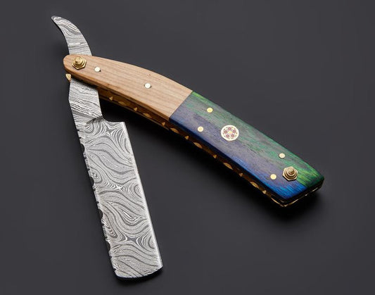 CUSTOM HANDMADE DAMASCUS STRAIGHT RAZOR WITH LEATHER SHEATH