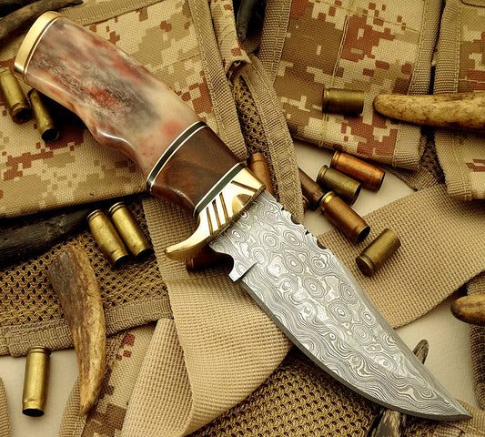 CUSTOM HANDMADE DAMASCUS HUNTING KNIFE WITH LEATHER SHEATH