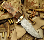 CUSTOM HANDMADE DAMASCUS HUNTING KNIFE WITH LEATHER SHEATH