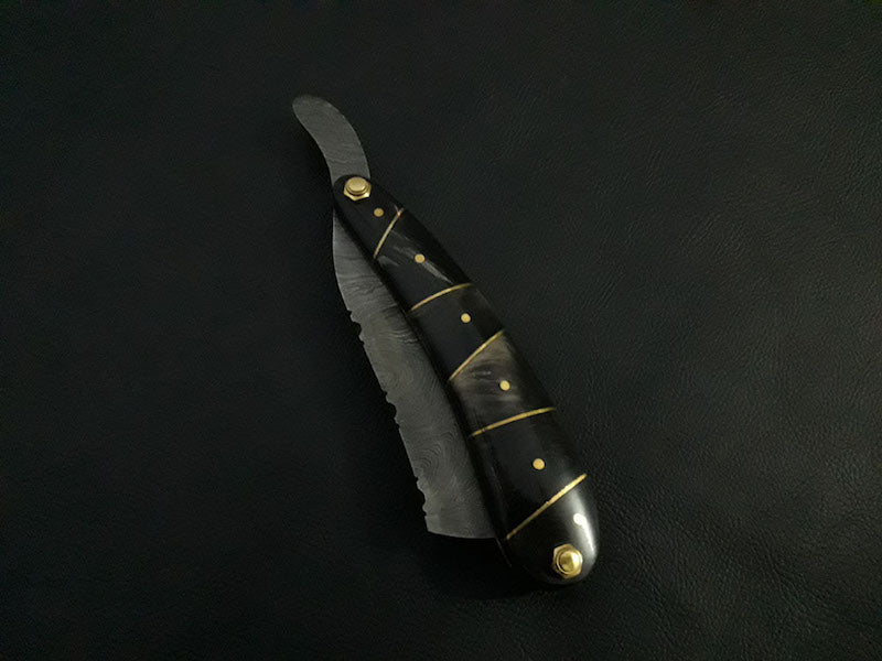 Custom Handmade Damascus razor Bull horn handle Folding genuine workmanship - NB CUTLERY LTD