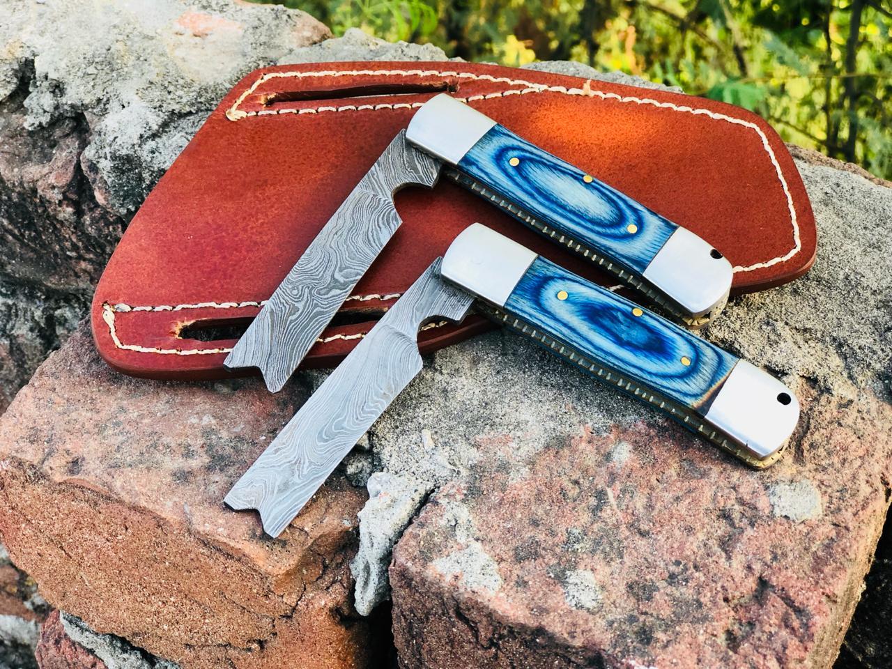 Lot of 2 Custom Handmade Damascus Steel Bull Cutter pocket knives with Leather sheath