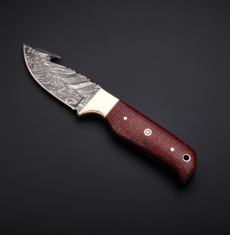 Custom Made Damascus Steel Gut Hook hunting Knife + Pouch