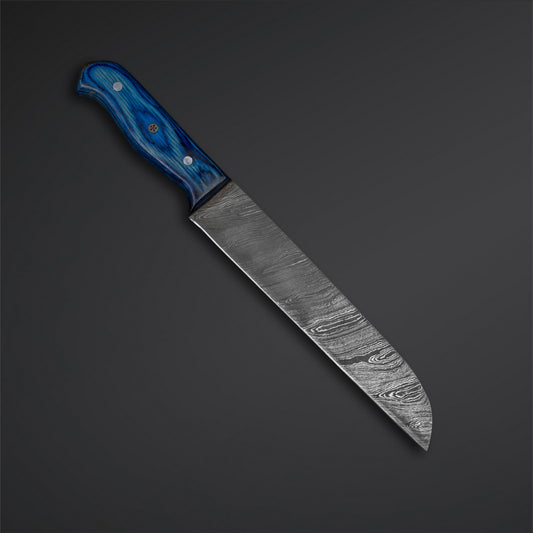 CUSTOM HANDMADE DAMASCUS BREAD CUTTER KNIFE WITH LEATHER SHEATH