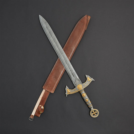 Custom made Damascus steel Double edge sword With Leather Sheath