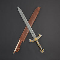 Custom made Damascus steel Double edge sword With Leather Sheath
