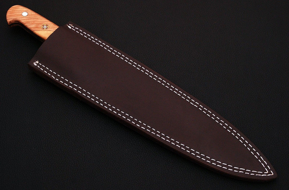 |NB KNIVES| CUSTOM HANDMADE DAMASCUS STEEL CHEF KNIFE WITH LEATHER SHEATH