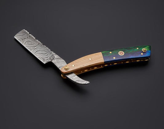 CUSTOM HANDMADE DAMASCUS STRAIGHT RAZOR WITH LEATHER SHEATH
