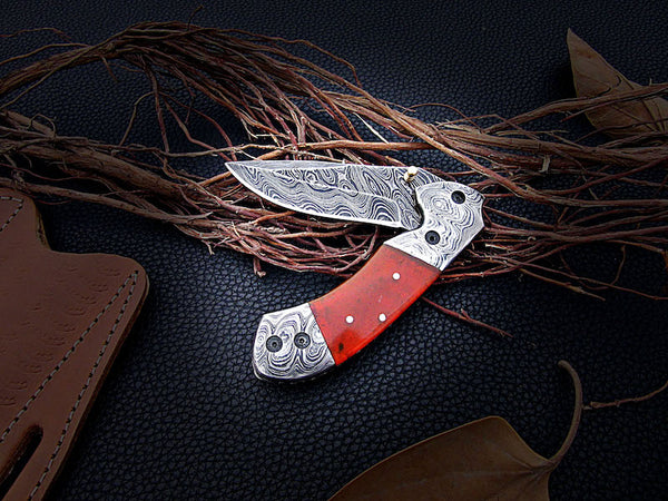 Custom Handmade Damascus steel Folding Knife Resin sheet handle Pocket knife Mosaic - NB CUTLERY LTD