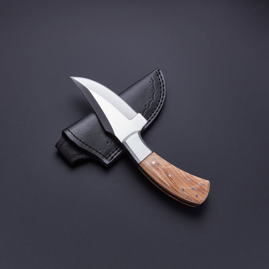 Custom Handmade D2 Steel Skinner Knife with Olive Wood Handle & Leather Sheath