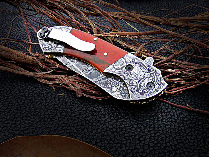 Custom Handmade Damascus steel Folding Knife Resin sheet handle Pocket knife Mosaic - NB CUTLERY LTD