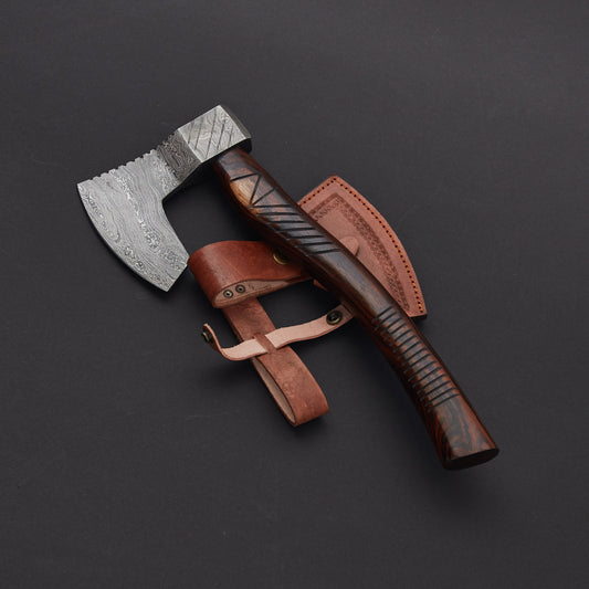 Custom Handmade Damascus Steel Axe Handle Rosewood With Beautiful Leather Sheath Compact Backpacking Axe Premium Forged Steel Axe Durable Bushcraft Hatchets