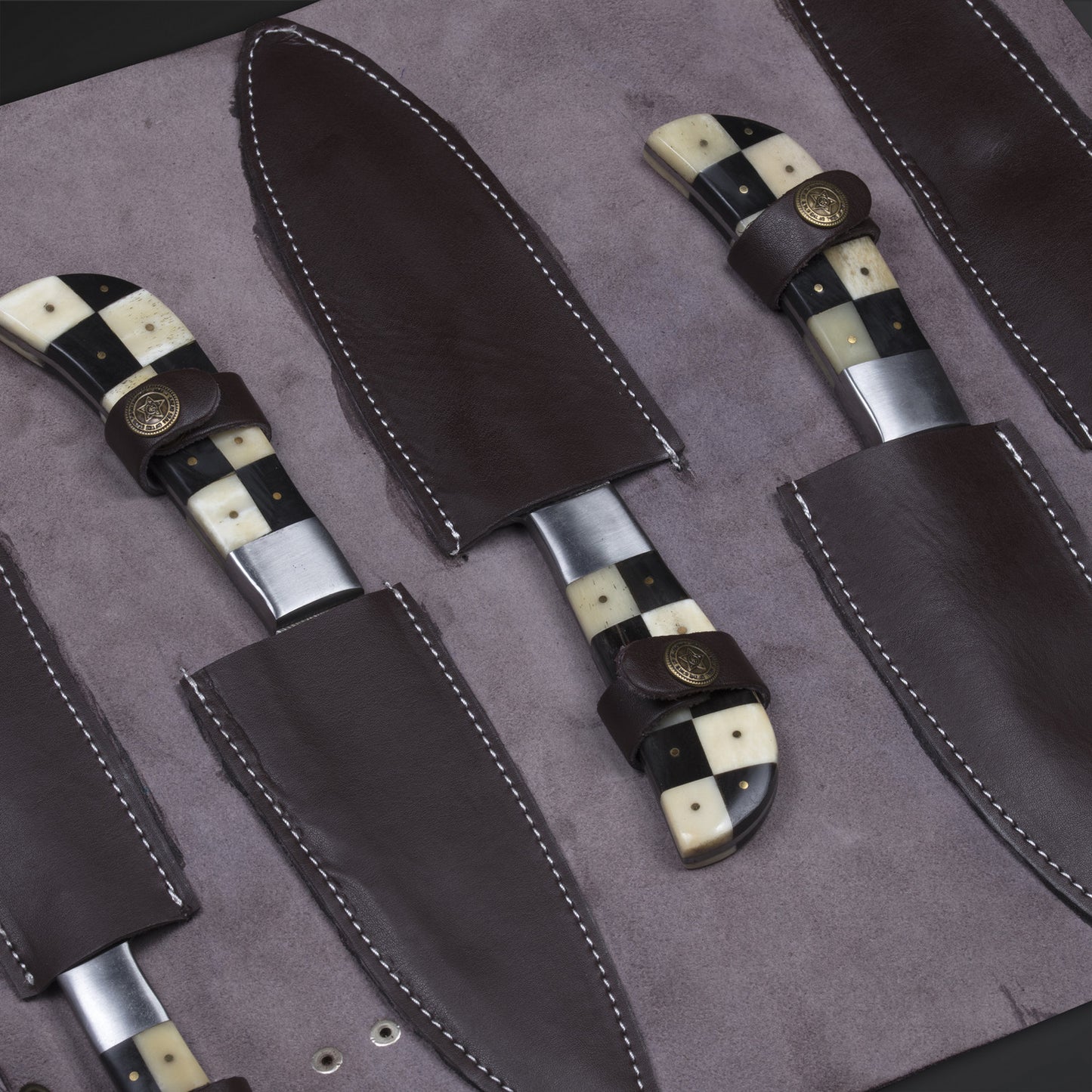 CUSTOM HANDMADE DAMASCUS 5 PCS CHEF SET WITH LEATHER ROLL KIT
