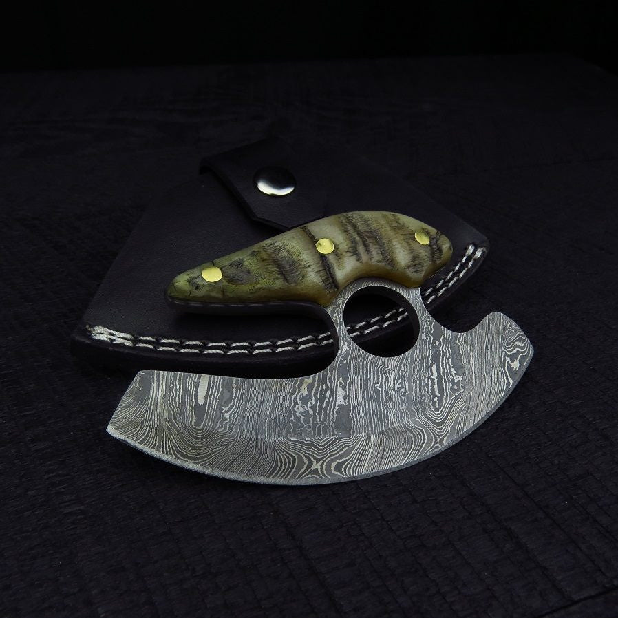 CUSTOM HANDMADE DAMASCUS ULU KNIFE WITH LEATHER SHEATH
