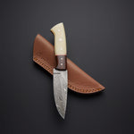 CUSTOM HANDMADE DAMASCUS HUNTING KNIFE Handle Materials: Camel Bone + Rose Wood