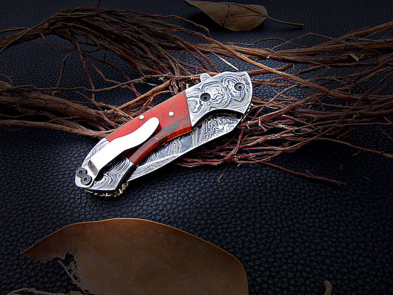 Custom Handmade Damascus steel Folding Knife Resin sheet handle Pocket knife Mosaic - NB CUTLERY LTD