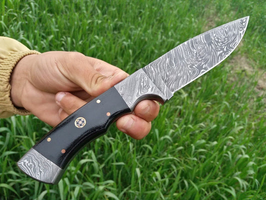 Custom Handmade Damascus Skinner Knife with Micarta Handle & Leather Sheath