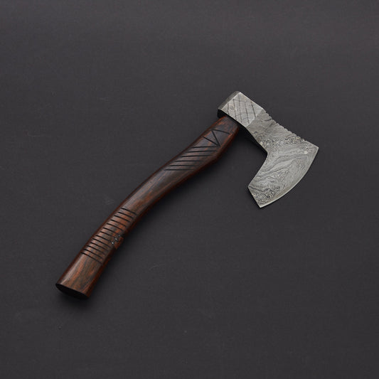 Custom Handmade Damascus Steel Axe with Rosewood Handle & Leather Sheath