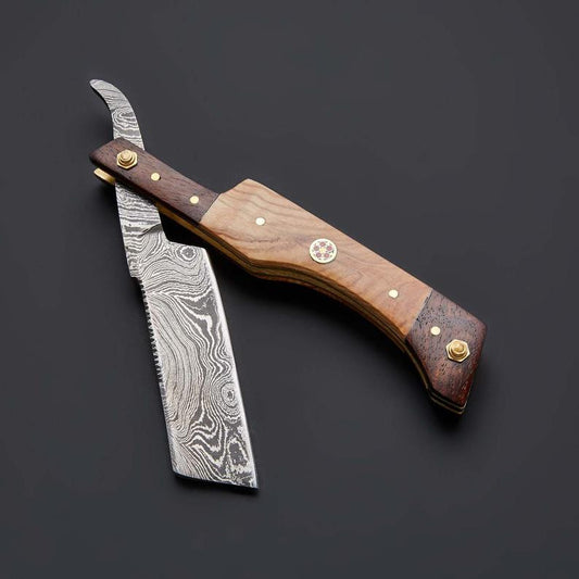 CUSTOM HANDMADE DAMASCUS STRAIGHT RAZOR WITH LEATHER SHEATH