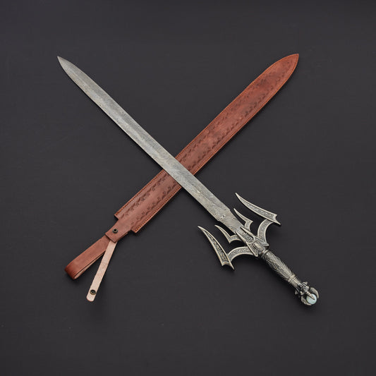CUSTOM HANDMADE DAMASCUS STEEL SWORD WITH LEATHER SHEATH