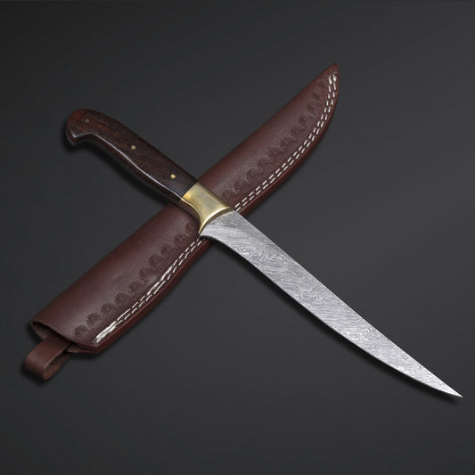 Custom Handmade Damascus Steel Fillet Knife | Rosewood & Brass Bolster Handle