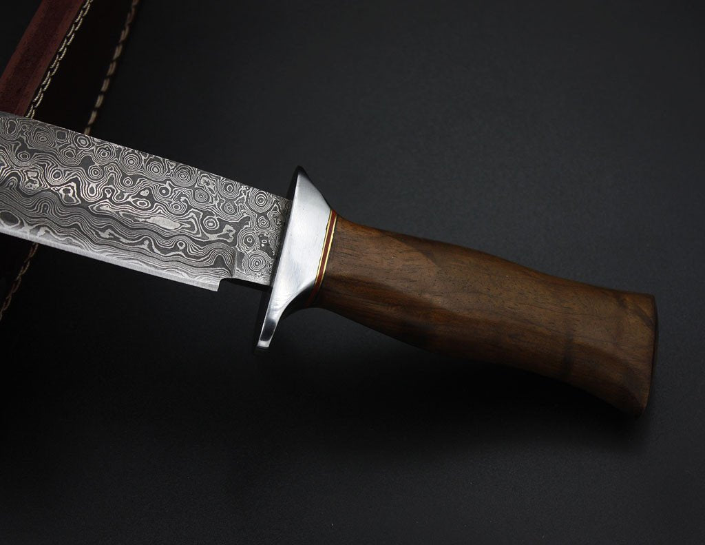 8-Inch Damascus Hunting Bowie Knife with Rosewood Handle