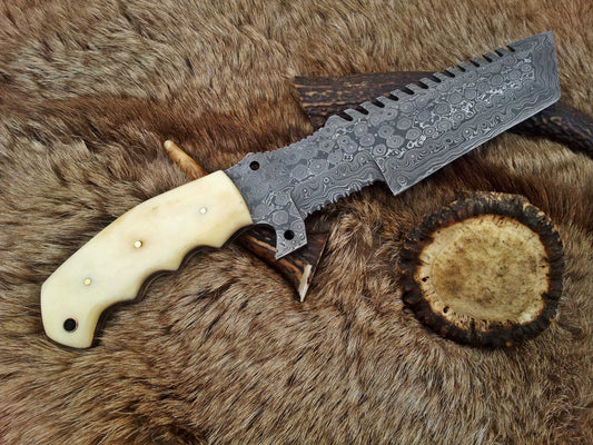 Custom Handmade Damascus Steel Tracker Knife – Bone Handle with Leather Sheath