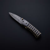 CUSTOM HANDMADE DAMASCUS POCKET KNIFE WITH LEATHER SHEATH